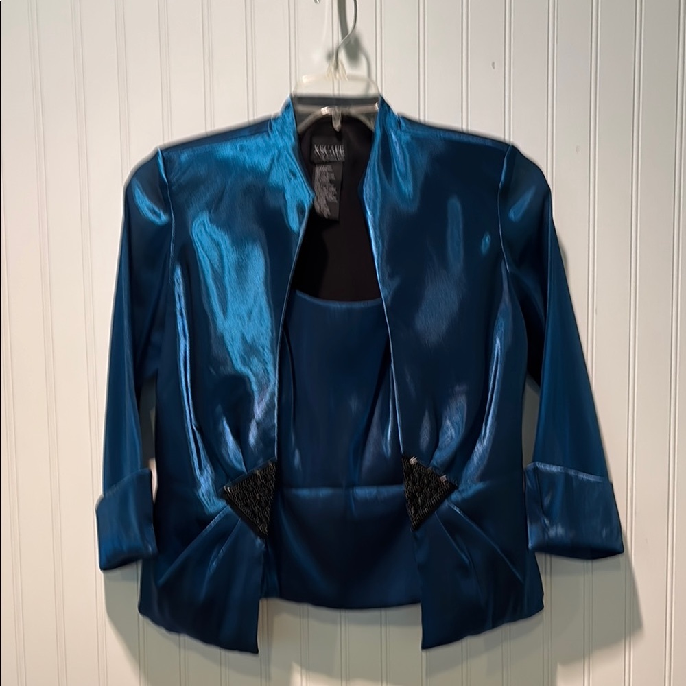 Xscape Shiny Teal Open-Front Satin Blazer with Beaded Trim